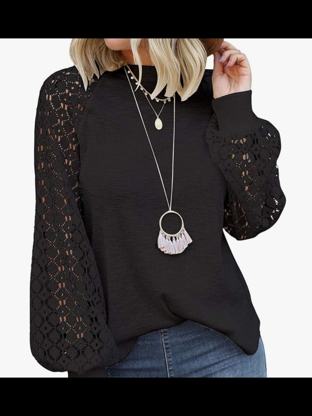 Black Lace-Sleeve Women's Top